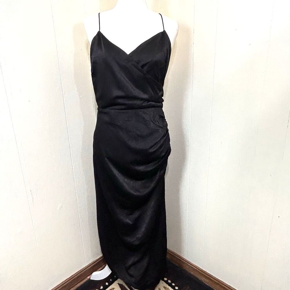 KITTENISH Black Satin Maxi Dress Size L Ruched Party Dress NEW